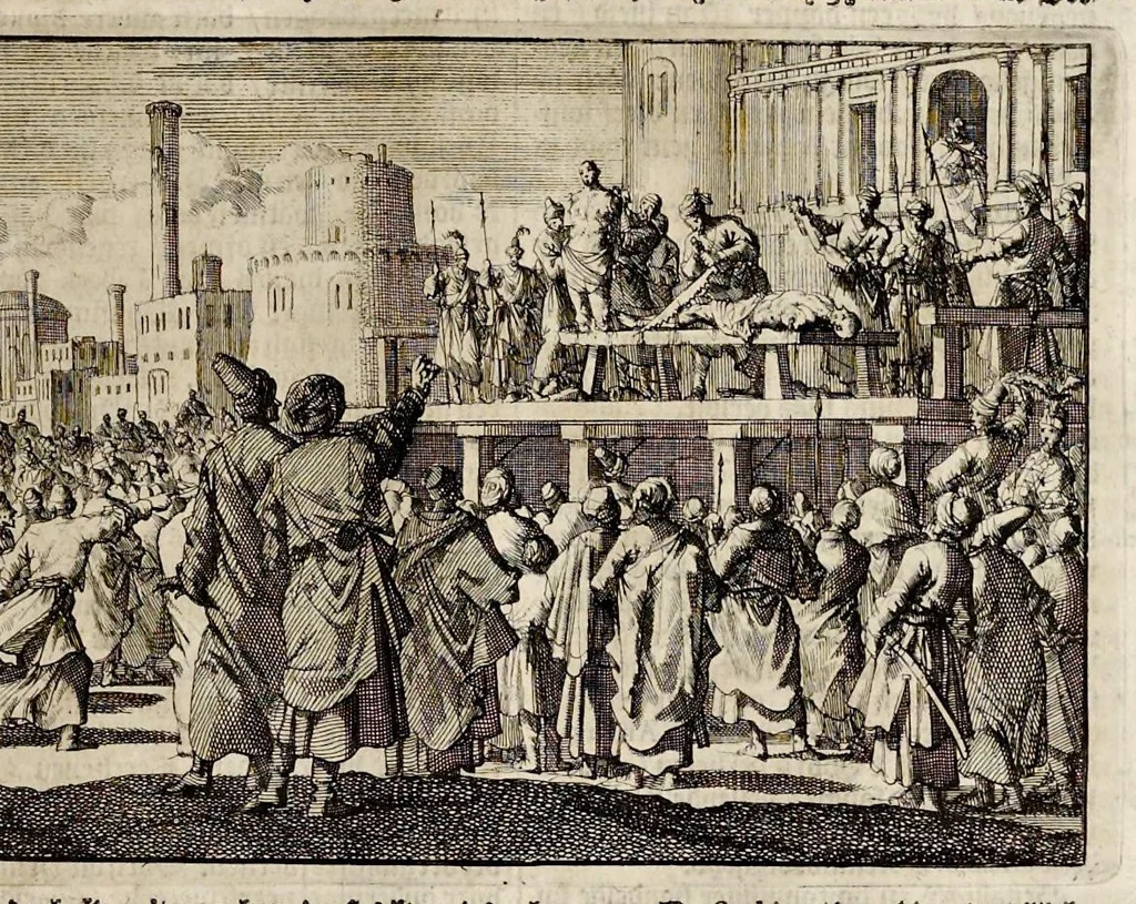 An illustration from Joh. Lodew. Gottfrieds Historische kronyck : vervattende een nauwkeurige en volkomene beschrijvingh der aldergedenckwaerdigste geschiedenissen des weerelds, van den aenvangh der scheppingh tot op 't jaer Christi 1576 : in een nette ordre gebragt na de verdeelingh der vier monarchien, en de bondighste jaer-rekeningh : op nieuws vertaeld na den derden vermeerderden druck, met byvoegingh van de historie der Reformatie in Duytschland : en een volkoomen bladwijser aller voornaemste saecken, 1698, leaf 546