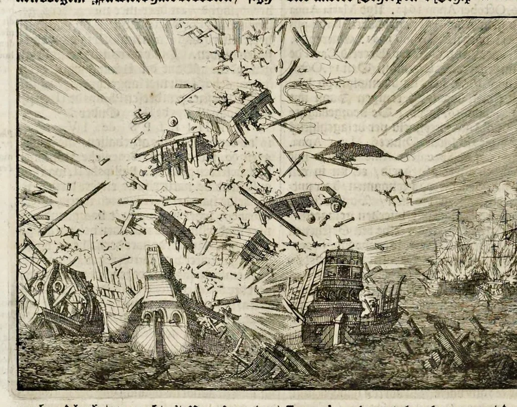 An illustration from Joh. Lodew. Gottfrieds Historische kronyck : vervattende een nauwkeurige en volkomene beschrijvingh der aldergedenckwaerdigste geschiedenissen des weerelds, van den aenvangh der scheppingh tot op 't jaer Christi 1576 : in een nette ordre gebragt na de verdeelingh der vier monarchien, en de bondighste jaer-rekeningh : op nieuws vertaeld na den derden vermeerderden druck, met byvoegingh van de historie der Reformatie in Duytschland : en een volkoomen bladwijser aller voornaemste saecken, 1698, leaf 569