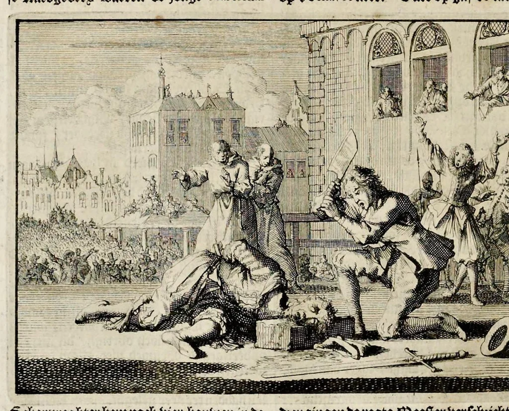 An illustration from Joh. Lodew. Gottfrieds Historische kronyck : vervattende een nauwkeurige en volkomene beschrijvingh der aldergedenckwaerdigste geschiedenissen des weerelds, van den aenvangh der scheppingh tot op 't jaer Christi 1576 : in een nette ordre gebragt na de verdeelingh der vier monarchien, en de bondighste jaer-rekeningh : op nieuws vertaeld na den derden vermeerderden druck, met byvoegingh van de historie der Reformatie in Duytschland : en een volkoomen bladwijser aller voornaemste saecken, 1698, leaf 575