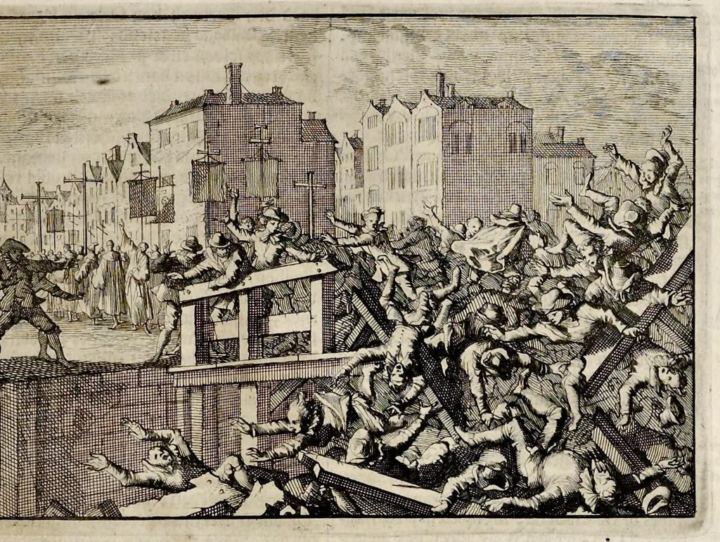 An illustration from Joh. Lodew. Gottfrieds Historische kronyck : vervattende een nauwkeurige en volkomene beschrijvingh der aldergedenckwaerdigste geschiedenissen des weerelds, van den aenvangh der scheppingh tot op 't jaer Christi 1576 : in een nette ordre gebragt na de verdeelingh der vier monarchien, en de bondighste jaer-rekeningh : op nieuws vertaeld na den derden vermeerderden druck, met byvoegingh van de historie der Reformatie in Duytschland : en een volkoomen bladwijser aller voornaemste saecken, 1698, leaf 584