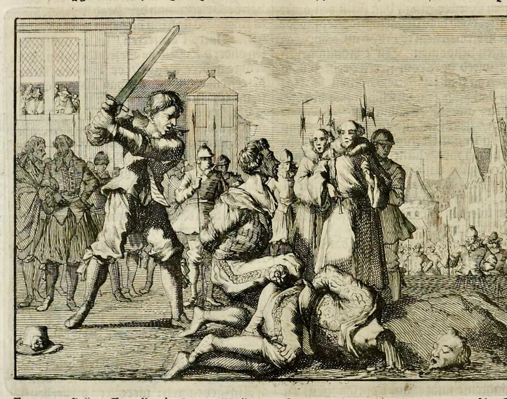 An illustration from Joh. Lodew. Gottfrieds Historische kronyck : vervattende een nauwkeurige en volkomene beschrijvingh der aldergedenckwaerdigste geschiedenissen des weerelds, van den aenvangh der scheppingh tot op 't jaer Christi 1576 : in een nette ordre gebragt na de verdeelingh der vier monarchien, en de bondighste jaer-rekeningh : op nieuws vertaeld na den derden vermeerderden druck, met byvoegingh van de historie der Reformatie in Duytschland : en een volkoomen bladwijser aller voornaemste saecken, 1698, leaf 593