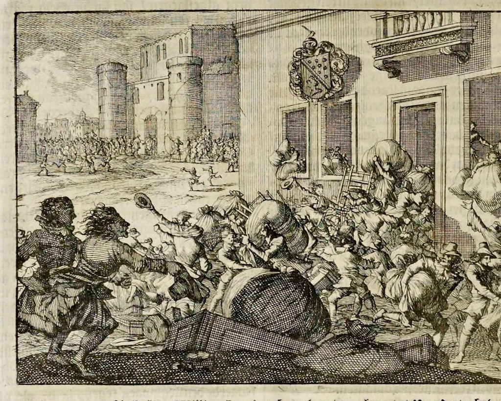 An illustration from Joh. Lodew. Gottfrieds Historische kronyck : vervattende een nauwkeurige en volkomene beschrijvingh der aldergedenckwaerdigste geschiedenissen des weerelds, van den aenvangh der scheppingh tot op 't jaer Christi 1576 : in een nette ordre gebragt na de verdeelingh der vier monarchien, en de bondighste jaer-rekeningh : op nieuws vertaeld na den derden vermeerderden druck, met byvoegingh van de historie der Reformatie in Duytschland : en een volkoomen bladwijser aller voornaemste saecken, 1698, leaf 615