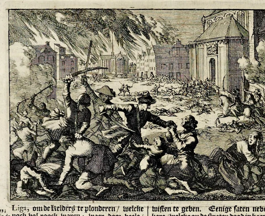 An illustration from Joh. Lodew. Gottfrieds Historische kronyck : vervattende een nauwkeurige en volkomene beschrijvingh der aldergedenckwaerdigste geschiedenissen des weerelds, van den aenvangh der scheppingh tot op 't jaer Christi 1576 : in een nette ordre gebragt na de verdeelingh der vier monarchien, en de bondighste jaer-rekeningh : op nieuws vertaeld na den derden vermeerderden druck, met byvoegingh van de historie der Reformatie in Duytschland : en een volkoomen bladwijser aller voornaemste saecken, 1698, leaf 625