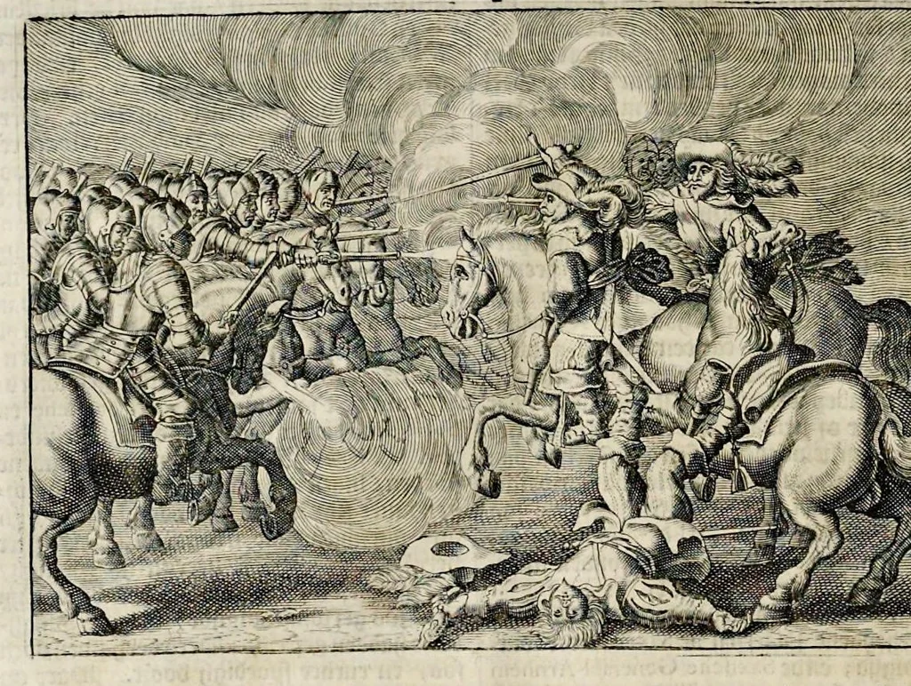 An illustration from Joh. Lodew. Gottfrieds Historische kronyck : vervattende een nauwkeurige en volkomene beschrijvingh der aldergedenckwaerdigste geschiedenissen des weerelds, van den aenvangh der scheppingh tot op 't jaer Christi 1576 : in een nette ordre gebragt na de verdeelingh der vier monarchien, en de bondighste jaer-rekeningh : op nieuws vertaeld na den derden vermeerderden druck, met byvoegingh van de historie der Reformatie in Duytschland : en een volkoomen bladwijser aller voornaemste saecken, 1698, leaf 633