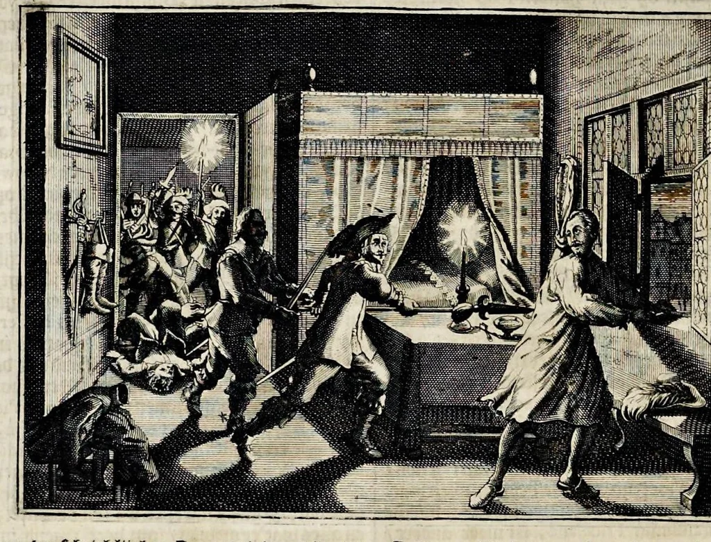 An illustration from Joh. Lodew. Gottfrieds Historische kronyck : vervattende een nauwkeurige en volkomene beschrijvingh der aldergedenckwaerdigste geschiedenissen des weerelds, van den aenvangh der scheppingh tot op 't jaer Christi 1576 : in een nette ordre gebragt na de verdeelingh der vier monarchien, en de bondighste jaer-rekeningh : op nieuws vertaeld na den derden vermeerderden druck, met byvoegingh van de historie der Reformatie in Duytschland : en een volkoomen bladwijser aller voornaemste saecken, 1698, leaf 639