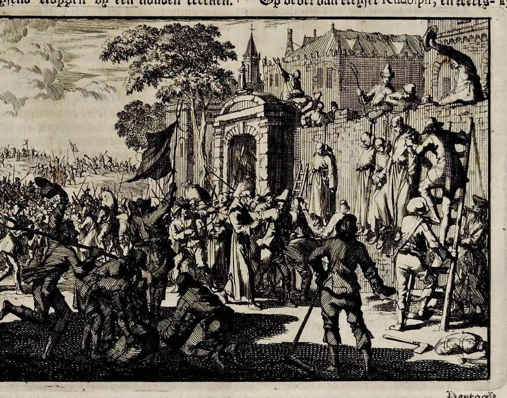 An illustration from Joh. Lodew. Gottfrieds Historische kronyck : vervattende een nauwkeurige en volkomene beschrijvingh der aldergedenckwaerdigste geschiedenissen des weerelds, van den aenvangh der scheppingh tot op 't jaer Christi 1576 : in een nette ordre gebragt na de verdeelingh der vier monarchien, en de bondighste jaer-rekeningh : op nieuws vertaeld na den derden vermeerderden druck, met byvoegingh van de historie der Reformatie in Duytschland : en een volkoomen bladwijser aller voornaemste saecken, 1698, leaf 64
