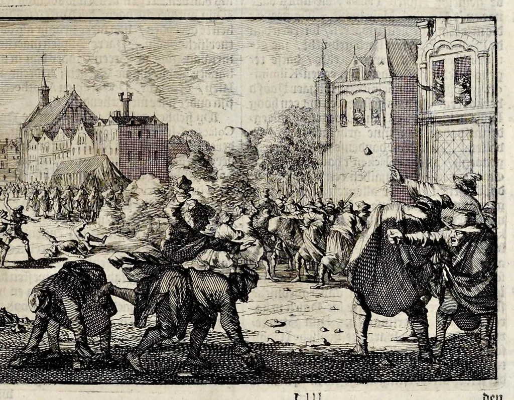 An illustration from Joh. Lodew. Gottfrieds Historische kronyck : vervattende een nauwkeurige en volkomene beschrijvingh der aldergedenckwaerdigste geschiedenissen des weerelds, van den aenvangh der scheppingh tot op 't jaer Christi 1576 : in een nette ordre gebragt na de verdeelingh der vier monarchien, en de bondighste jaer-rekeningh : op nieuws vertaeld na den derden vermeerderden druck, met byvoegingh van de historie der Reformatie in Duytschland : en een volkoomen bladwijser aller voornaemste saecken, 1698, leaf 650