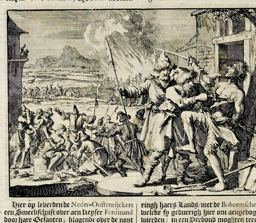 An illustration from Joh. Lodew. Gottfrieds Historische kronyck : vervattende een nauwkeurige en volkomene beschrijvingh der aldergedenckwaerdigste geschiedenissen des weerelds, van den aenvangh der scheppingh tot op 't jaer Christi 1576 : in een nette ordre gebragt na de verdeelingh der vier monarchien, en de bondighste jaer-rekeningh : op nieuws vertaeld na den derden vermeerderden druck, met byvoegingh van de historie der Reformatie in Duytschland : en een volkoomen bladwijser aller voornaemste saecken, 1698, leaf 665