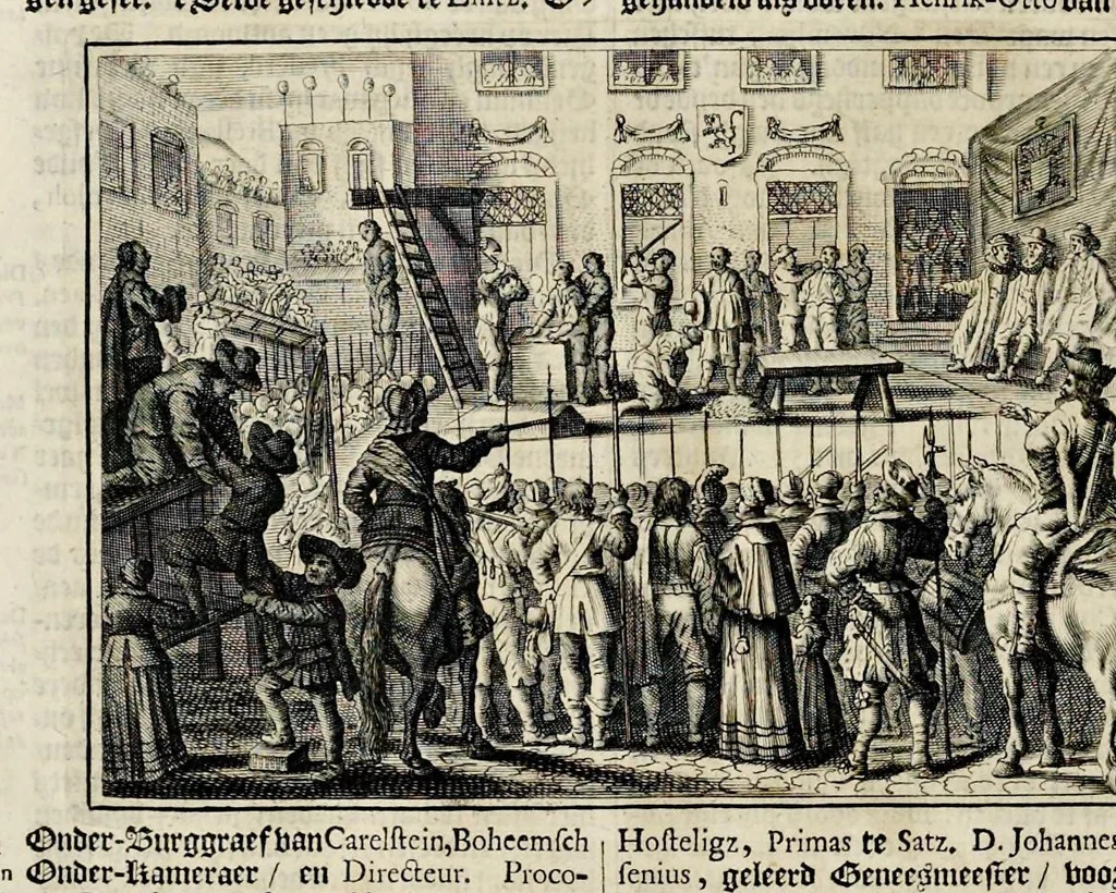 An illustration from Joh. Lodew. Gottfrieds Historische kronyck : vervattende een nauwkeurige en volkomene beschrijvingh der aldergedenckwaerdigste geschiedenissen des weerelds, van den aenvangh der scheppingh tot op 't jaer Christi 1576 : in een nette ordre gebragt na de verdeelingh der vier monarchien, en de bondighste jaer-rekeningh : op nieuws vertaeld na den derden vermeerderden druck, met byvoegingh van de historie der Reformatie in Duytschland : en een volkoomen bladwijser aller voornaemste saecken, 1698, leaf 671