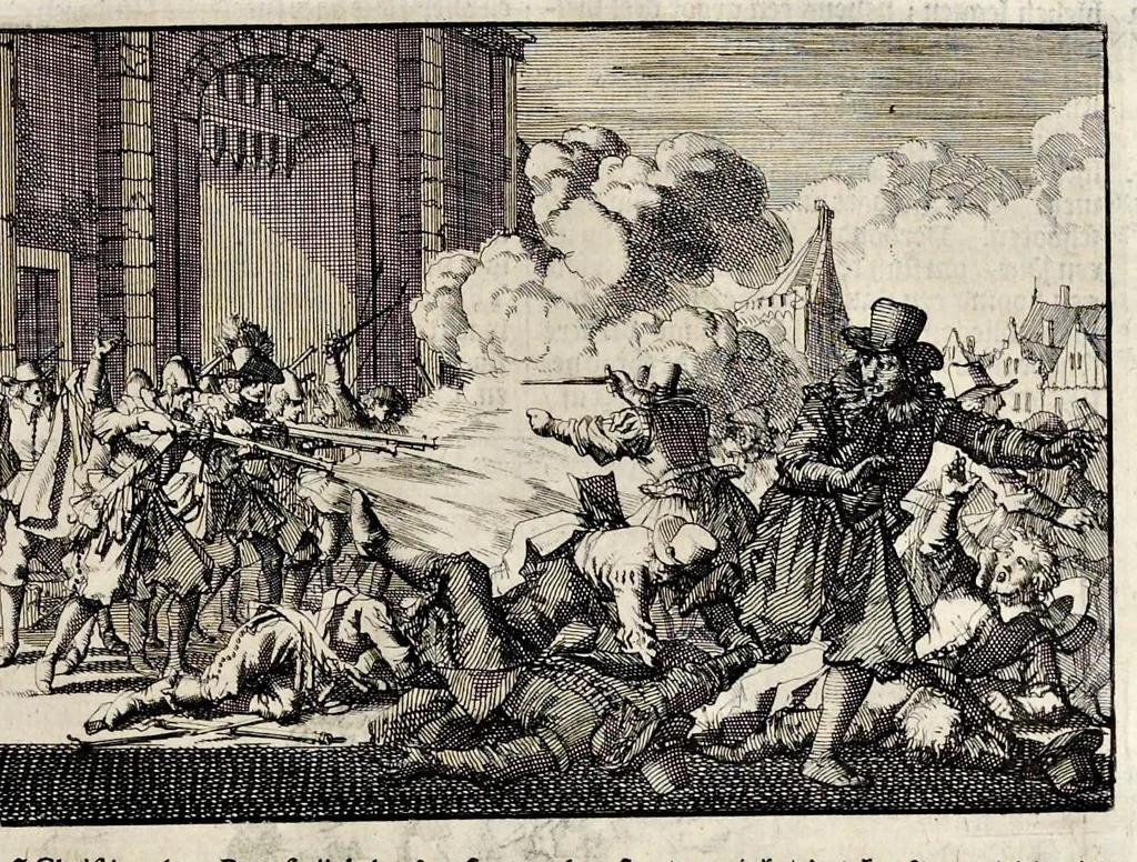 An illustration from Joh. Lodew. Gottfrieds Historische kronyck : vervattende een nauwkeurige en volkomene beschrijvingh der aldergedenckwaerdigste geschiedenissen des weerelds, van den aenvangh der scheppingh tot op 't jaer Christi 1576 : in een nette ordre gebragt na de verdeelingh der vier monarchien, en de bondighste jaer-rekeningh : op nieuws vertaeld na den derden vermeerderden druck, met byvoegingh van de historie der Reformatie in Duytschland : en een volkoomen bladwijser aller voornaemste saecken, 1698, leaf 680