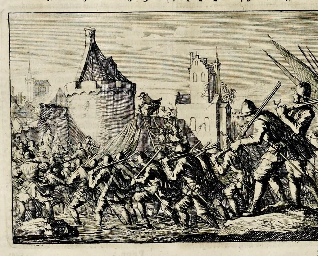 An illustration from Joh. Lodew. Gottfrieds Historische kronyck : vervattende een nauwkeurige en volkomene beschrijvingh der aldergedenckwaerdigste geschiedenissen des weerelds, van den aenvangh der scheppingh tot op 't jaer Christi 1576 : in een nette ordre gebragt na de verdeelingh der vier monarchien, en de bondighste jaer-rekeningh : op nieuws vertaeld na den derden vermeerderden druck, met byvoegingh van de historie der Reformatie in Duytschland : en een volkoomen bladwijser aller voornaemste saecken, 1698, leaf 685