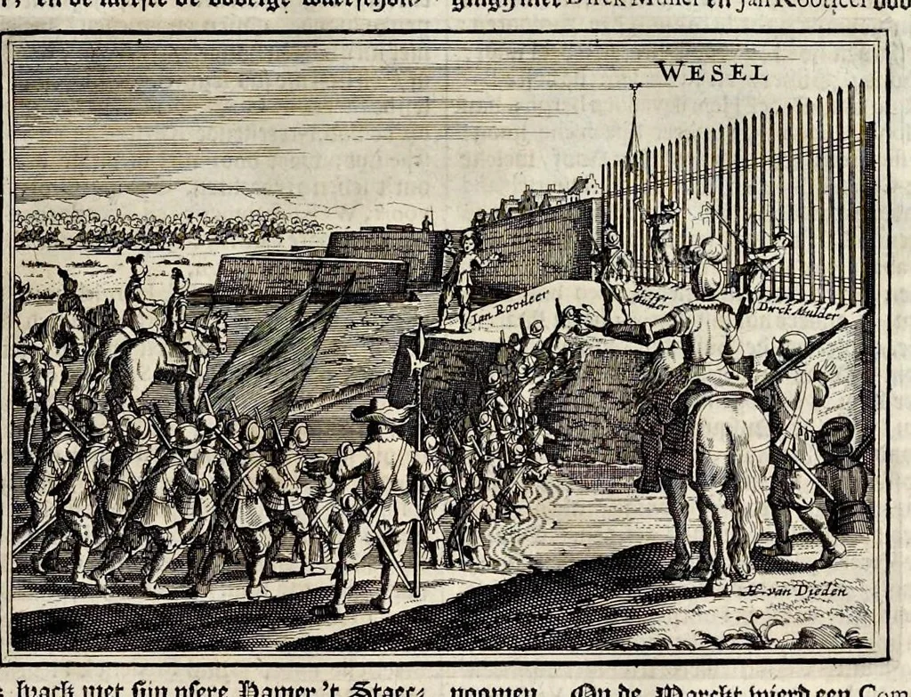An illustration from Joh. Lodew. Gottfrieds Historische kronyck : vervattende een nauwkeurige en volkomene beschrijvingh der aldergedenckwaerdigste geschiedenissen des weerelds, van den aenvangh der scheppingh tot op 't jaer Christi 1576 : in een nette ordre gebragt na de verdeelingh der vier monarchien, en de bondighste jaer-rekeningh : op nieuws vertaeld na den derden vermeerderden druck, met byvoegingh van de historie der Reformatie in Duytschland : en een volkoomen bladwijser aller voornaemste saecken, 1698, leaf 692