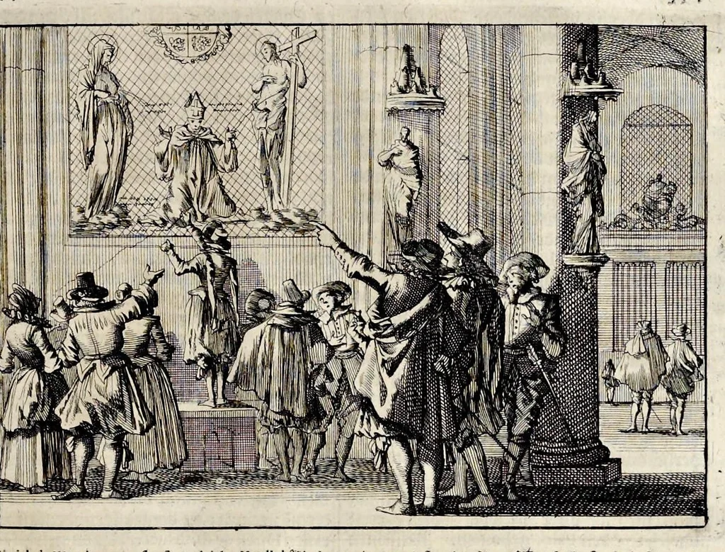 An illustration from Joh. Lodew. Gottfrieds Historische kronyck : vervattende een nauwkeurige en volkomene beschrijvingh der aldergedenckwaerdigste geschiedenissen des weerelds, van den aenvangh der scheppingh tot op 't jaer Christi 1576 : in een nette ordre gebragt na de verdeelingh der vier monarchien, en de bondighste jaer-rekeningh : op nieuws vertaeld na den derden vermeerderden druck, met byvoegingh van de historie der Reformatie in Duytschland : en een volkoomen bladwijser aller voornaemste saecken, 1698, leaf 694