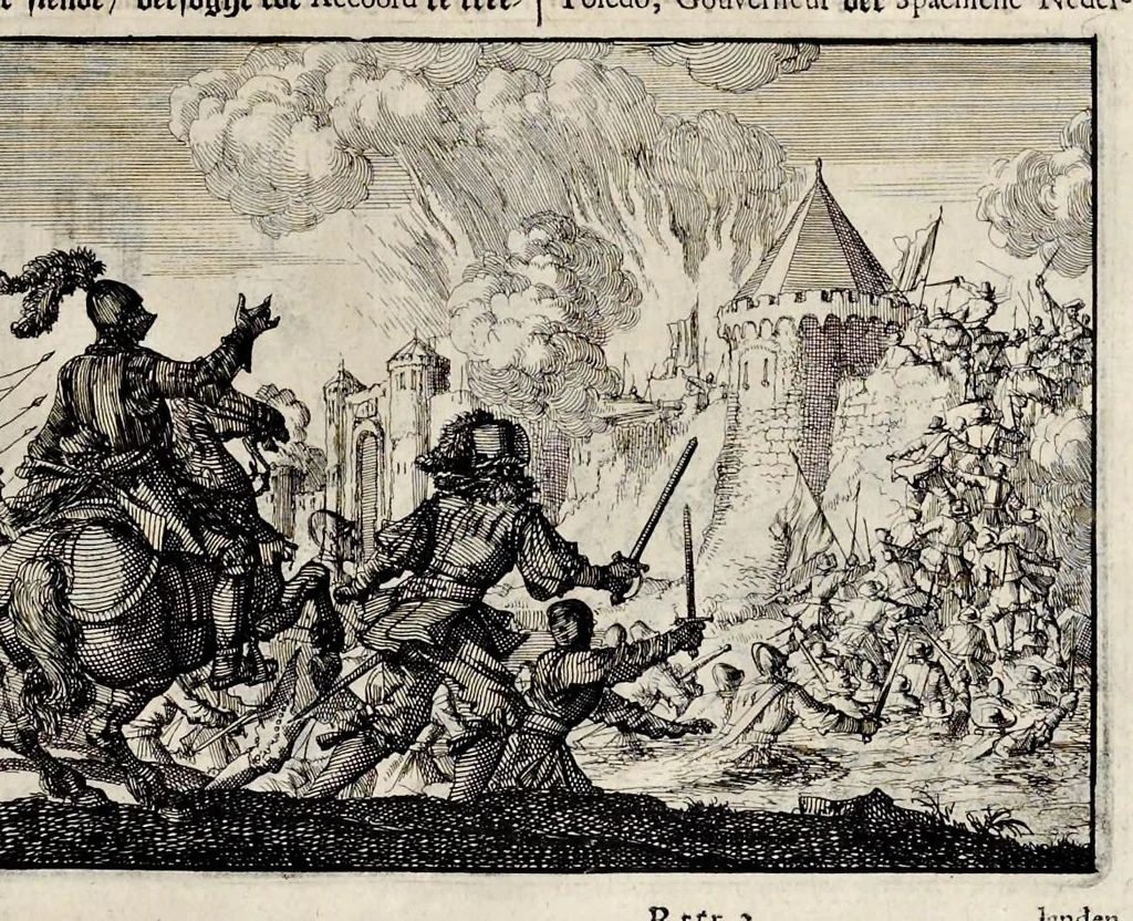 An illustration from Joh. Lodew. Gottfrieds Historische kronyck : vervattende een nauwkeurige en volkomene beschrijvingh der aldergedenckwaerdigste geschiedenissen des weerelds, van den aenvangh der scheppingh tot op 't jaer Christi 1576 : in een nette ordre gebragt na de verdeelingh der vier monarchien, en de bondighste jaer-rekeningh : op nieuws vertaeld na den derden vermeerderden druck, met byvoegingh van de historie der Reformatie in Duytschland : en een volkoomen bladwijser aller voornaemste saecken, 1698, leaf 702