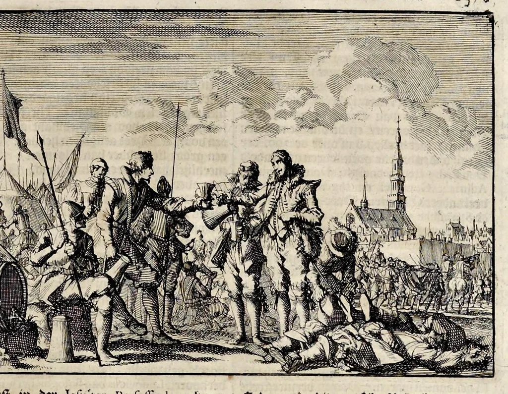 An illustration from Joh. Lodew. Gottfrieds Historische kronyck : vervattende een nauwkeurige en volkomene beschrijvingh der aldergedenckwaerdigste geschiedenissen des weerelds, van den aenvangh der scheppingh tot op 't jaer Christi 1576 : in een nette ordre gebragt na de verdeelingh der vier monarchien, en de bondighste jaer-rekeningh : op nieuws vertaeld na den derden vermeerderden druck, met byvoegingh van de historie der Reformatie in Duytschland : en een volkoomen bladwijser aller voornaemste saecken, 1698, leaf 706