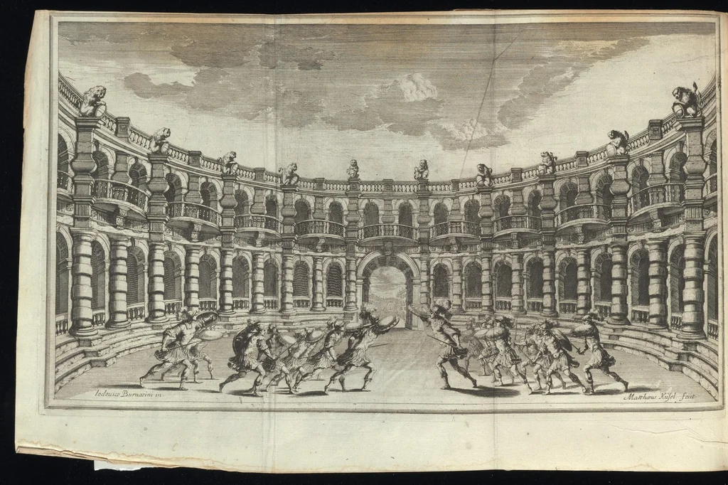 An illustration from Il pomo d'oro : festa teatrale rappresentata in Vienna, per l'avgvstissime nozze delle Sacre Cesaree Reali Maestà di Leopoldo, e Margherita, 1668, leaf 117