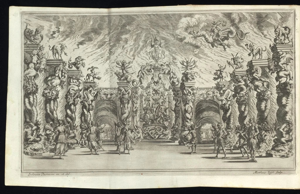 An illustration from Il pomo d'oro : festa teatrale rappresentata in Vienna, per l'avgvstissime nozze delle Sacre Cesaree Reali Maestà di Leopoldo, e Margherita, 1668, leaf 25