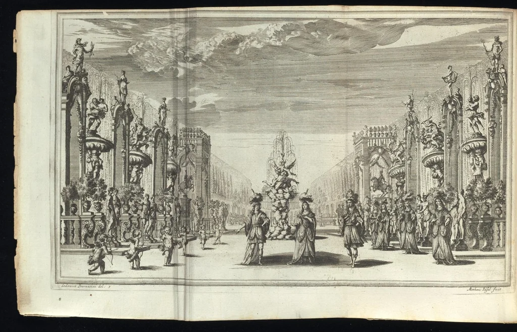 An illustration from Il pomo d'oro : festa teatrale rappresentata in Vienna, per l'avgvstissime nozze delle Sacre Cesaree Reali Maestà di Leopoldo, e Margherita, 1668, leaf 57