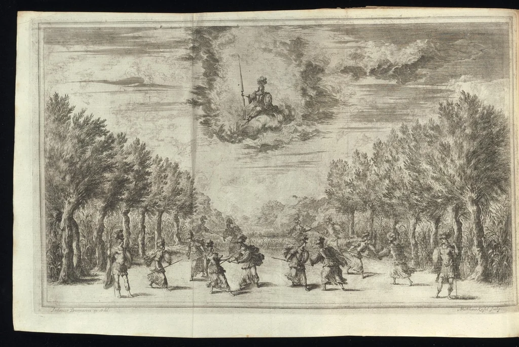 An illustration from Il pomo d'oro : festa teatrale rappresentata in Vienna, per l'avgvstissime nozze delle Sacre Cesaree Reali Maestà di Leopoldo, e Margherita, 1668, leaf 85