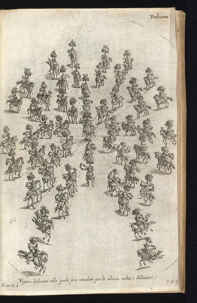 An illustration from Sieg-Streit dess Lufft vnd Wassers : Freuden-Fest zu Pferd zu dem glorwürdigisten Beyläger beeder kayserlichen Majestäten Leopoldi dess Ersten, römischen Kaysers ... vnd Margarita, gebohrner königlichen Infantin auss Hispanien : dargestellet in dero kayserlichen Residenz Statt Wienn, 1667, leaf 100