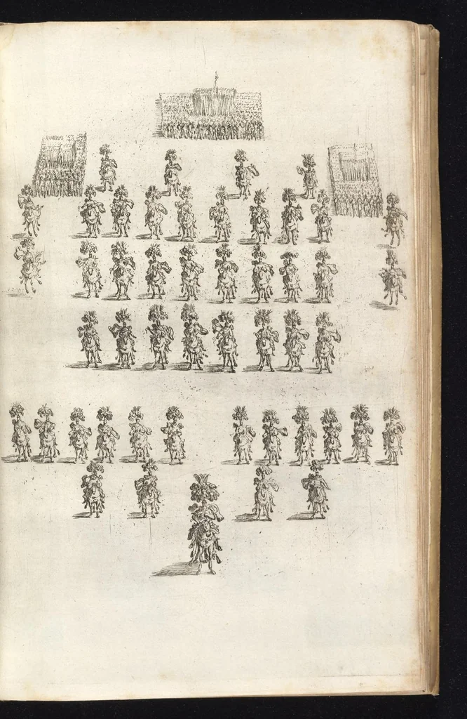 An illustration from Sieg-Streit dess Lufft vnd Wassers : Freuden-Fest zu Pferd zu dem glorwürdigisten Beyläger beeder kayserlichen Majestäten Leopoldi dess Ersten, römischen Kaysers ... vnd Margarita, gebohrner königlichen Infantin auss Hispanien : dargestellet in dero kayserlichen Residenz Statt Wienn, 1667, leaf 102