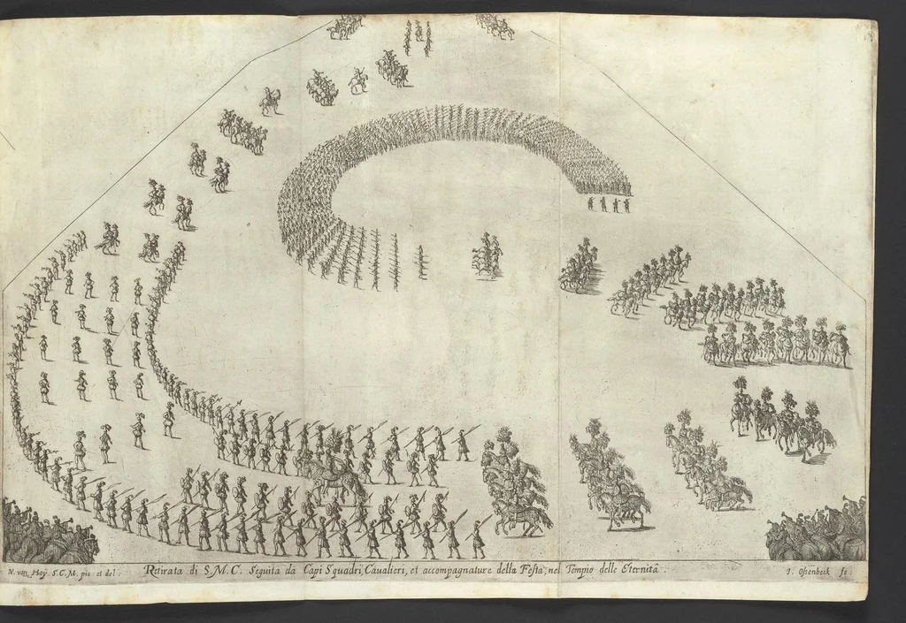 An illustration from Sieg-Streit dess Lufft vnd Wassers : Freuden-Fest zu Pferd zu dem glorwürdigisten Beyläger beeder kayserlichen Majestäten Leopoldi dess Ersten, römischen Kaysers ... vnd Margarita, gebohrner königlichen Infantin auss Hispanien : dargestellet in dero kayserlichen Residenz Statt Wienn, 1667, leaf 104