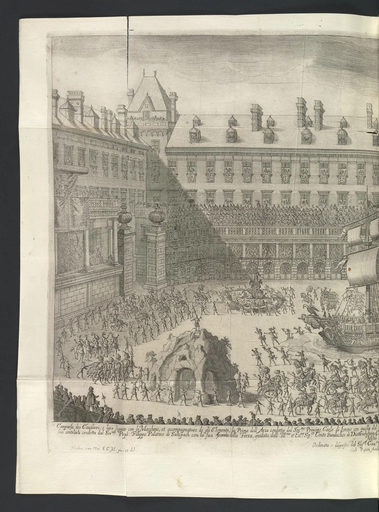 An illustration from Sieg-Streit dess Lufft vnd Wassers : Freuden-Fest zu Pferd zu dem glorwürdigisten Beyläger beeder kayserlichen Majestäten Leopoldi dess Ersten, römischen Kaysers ... vnd Margarita, gebohrner königlichen Infantin auss Hispanien : dargestellet in dero kayserlichen Residenz Statt Wienn, 1667, leaf 11