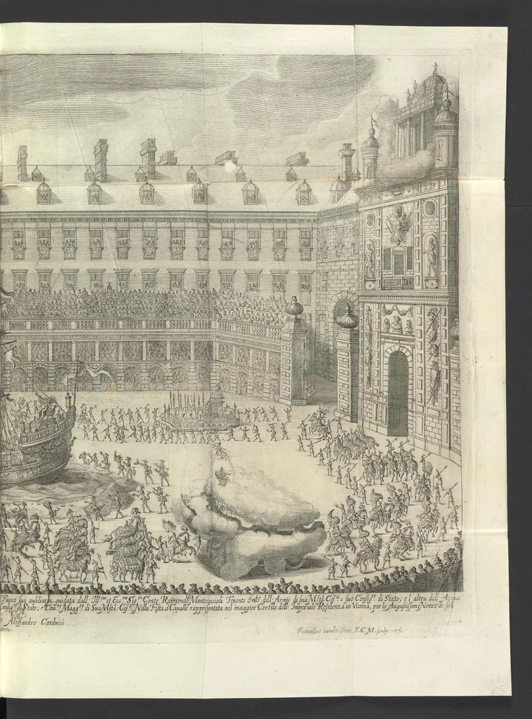 An illustration from Sieg-Streit dess Lufft vnd Wassers : Freuden-Fest zu Pferd zu dem glorwürdigisten Beyläger beeder kayserlichen Majestäten Leopoldi dess Ersten, römischen Kaysers ... vnd Margarita, gebohrner königlichen Infantin auss Hispanien : dargestellet in dero kayserlichen Residenz Statt Wienn, 1667, leaf 12