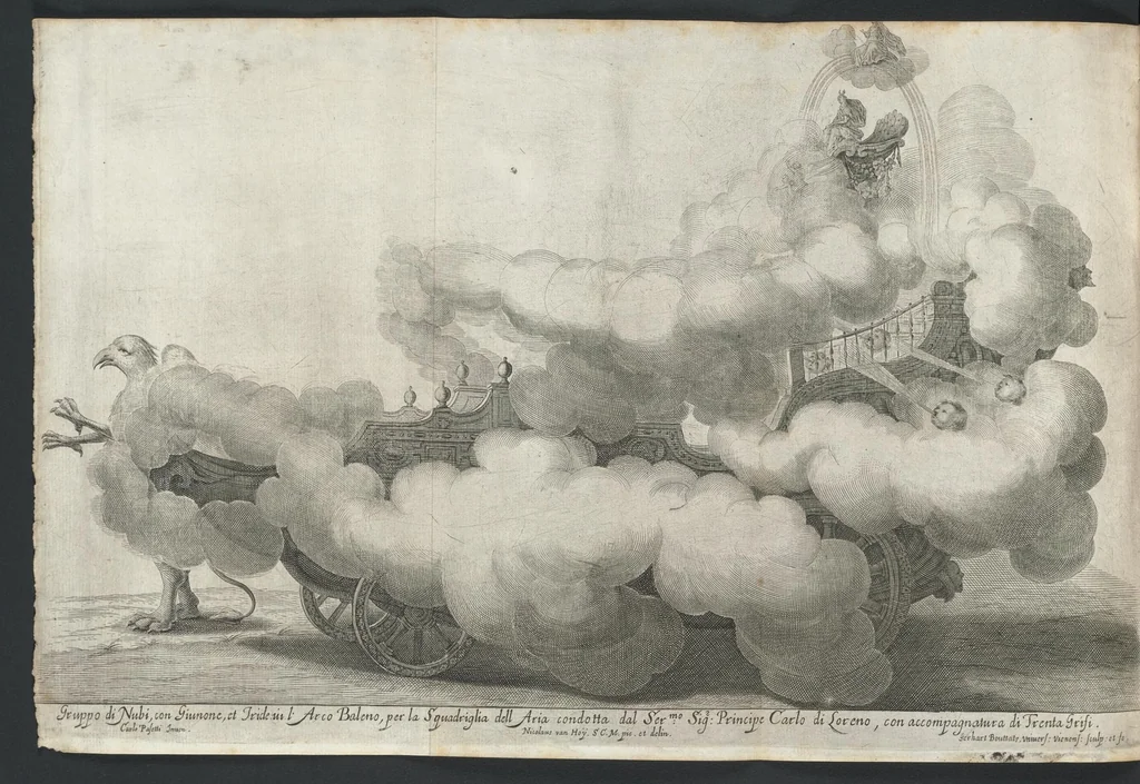 An illustration from Sieg-Streit dess Lufft vnd Wassers : Freuden-Fest zu Pferd zu dem glorwürdigisten Beyläger beeder kayserlichen Majestäten Leopoldi dess Ersten, römischen Kaysers ... vnd Margarita, gebohrner königlichen Infantin auss Hispanien : dargestellet in dero kayserlichen Residenz Statt Wienn, 1667, leaf 17