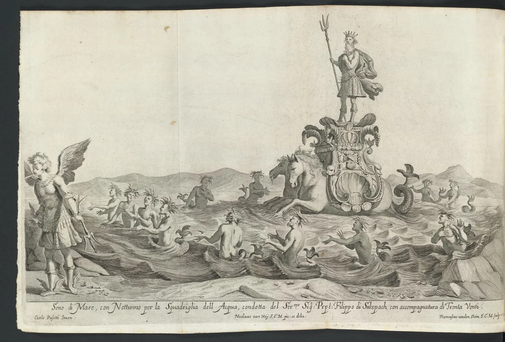 An illustration from Sieg-Streit dess Lufft vnd Wassers : Freuden-Fest zu Pferd zu dem glorwürdigisten Beyläger beeder kayserlichen Majestäten Leopoldi dess Ersten, römischen Kaysers ... vnd Margarita, gebohrner königlichen Infantin auss Hispanien : dargestellet in dero kayserlichen Residenz Statt Wienn, 1667, leaf 27