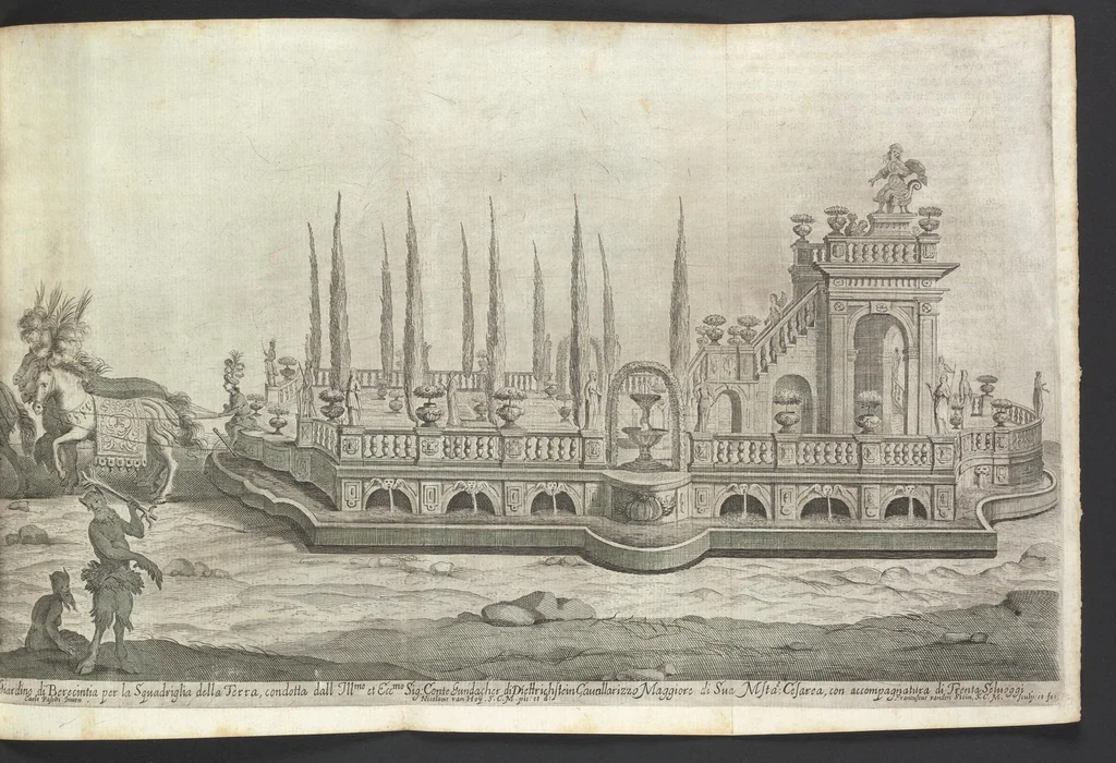 An illustration from Sieg-Streit dess Lufft vnd Wassers : Freuden-Fest zu Pferd zu dem glorwürdigisten Beyläger beeder kayserlichen Majestäten Leopoldi dess Ersten, römischen Kaysers ... vnd Margarita, gebohrner königlichen Infantin auss Hispanien : dargestellet in dero kayserlichen Residenz Statt Wienn, 1667, leaf 30