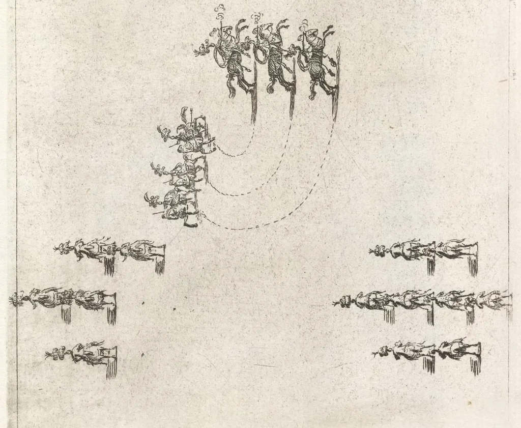 An illustration from Sieg-Streit dess Lufft vnd Wassers : Freuden-Fest zu Pferd zu dem glorwürdigisten Beyläger beeder kayserlichen Majestäten Leopoldi dess Ersten, römischen Kaysers ... vnd Margarita, gebohrner königlichen Infantin auss Hispanien : dargestellet in dero kayserlichen Residenz Statt Wienn, 1667, leaf 48