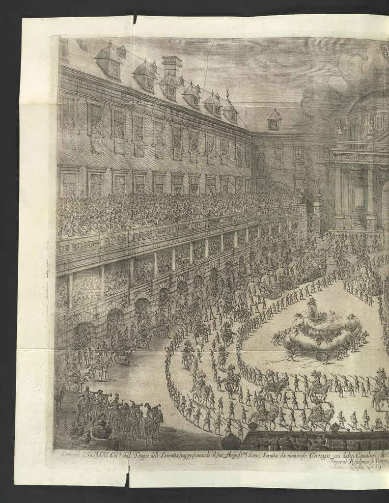 An illustration from Sieg-Streit dess Lufft vnd Wassers : Freuden-Fest zu Pferd zu dem glorwürdigisten Beyläger beeder kayserlichen Majestäten Leopoldi dess Ersten, römischen Kaysers ... vnd Margarita, gebohrner königlichen Infantin auss Hispanien : dargestellet in dero kayserlichen Residenz Statt Wienn, 1667, leaf 59