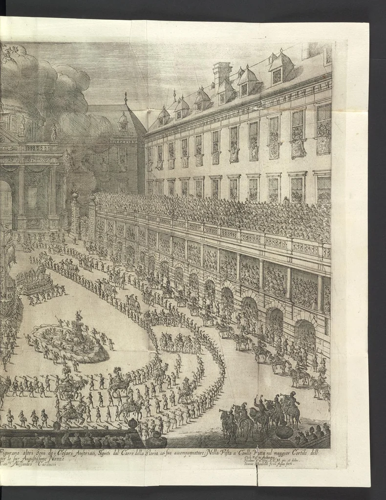An illustration from Sieg-Streit dess Lufft vnd Wassers : Freuden-Fest zu Pferd zu dem glorwürdigisten Beyläger beeder kayserlichen Majestäten Leopoldi dess Ersten, römischen Kaysers ... vnd Margarita, gebohrner königlichen Infantin auss Hispanien : dargestellet in dero kayserlichen Residenz Statt Wienn, 1667, leaf 60