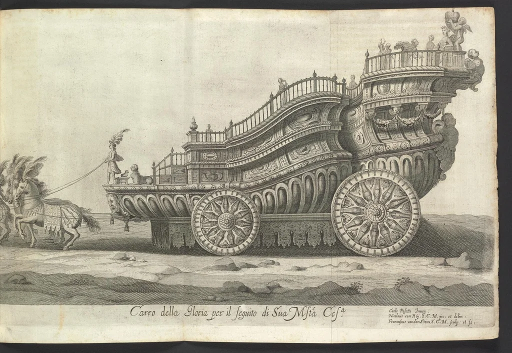 An illustration from Sieg-Streit dess Lufft vnd Wassers : Freuden-Fest zu Pferd zu dem glorwürdigisten Beyläger beeder kayserlichen Majestäten Leopoldi dess Ersten, römischen Kaysers ... vnd Margarita, gebohrner königlichen Infantin auss Hispanien : dargestellet in dero kayserlichen Residenz Statt Wienn, 1667, leaf 66