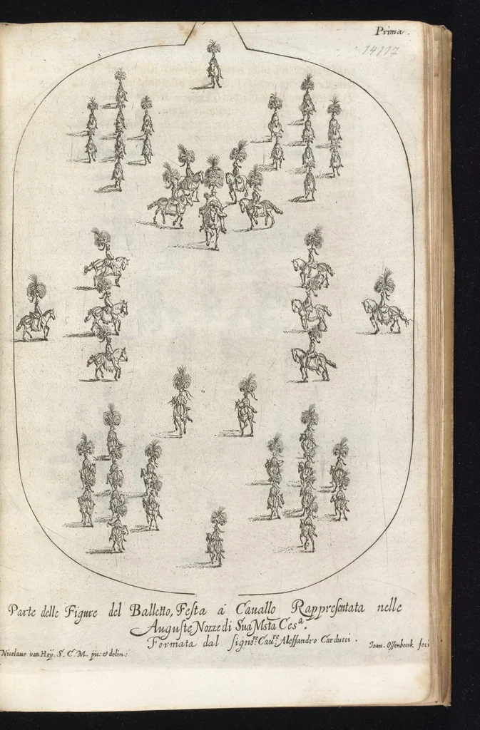 An illustration from Sieg-Streit dess Lufft vnd Wassers : Freuden-Fest zu Pferd zu dem glorwürdigisten Beyläger beeder kayserlichen Majestäten Leopoldi dess Ersten, römischen Kaysers ... vnd Margarita, gebohrner königlichen Infantin auss Hispanien : dargestellet in dero kayserlichen Residenz Statt Wienn, 1667, leaf 78