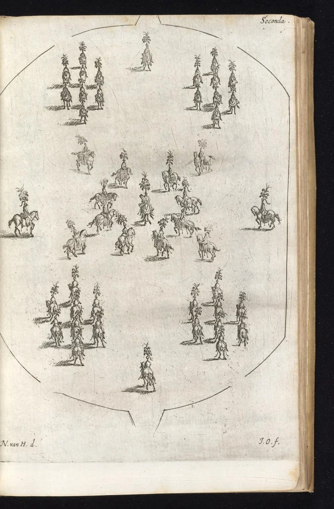 An illustration from Sieg-Streit dess Lufft vnd Wassers : Freuden-Fest zu Pferd zu dem glorwürdigisten Beyläger beeder kayserlichen Majestäten Leopoldi dess Ersten, römischen Kaysers ... vnd Margarita, gebohrner königlichen Infantin auss Hispanien : dargestellet in dero kayserlichen Residenz Statt Wienn, 1667, leaf 80