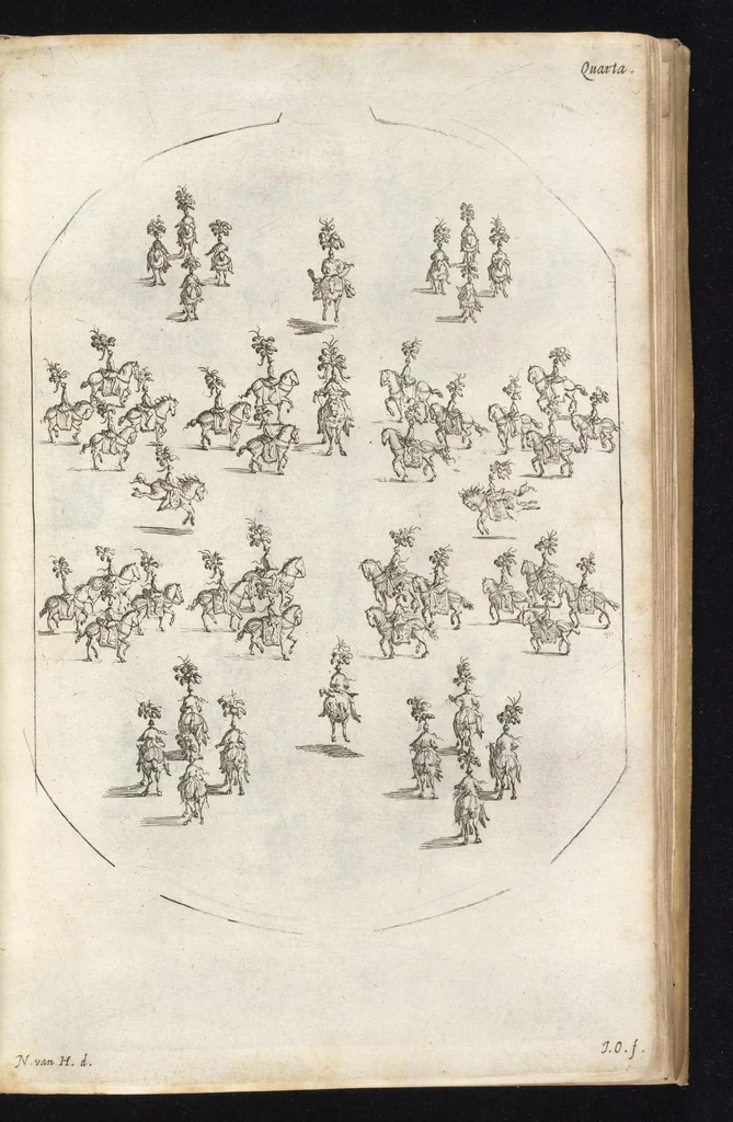 An illustration from Sieg-Streit dess Lufft vnd Wassers : Freuden-Fest zu Pferd zu dem glorwürdigisten Beyläger beeder kayserlichen Majestäten Leopoldi dess Ersten, römischen Kaysers ... vnd Margarita, gebohrner königlichen Infantin auss Hispanien : dargestellet in dero kayserlichen Residenz Statt Wienn, 1667, leaf 84