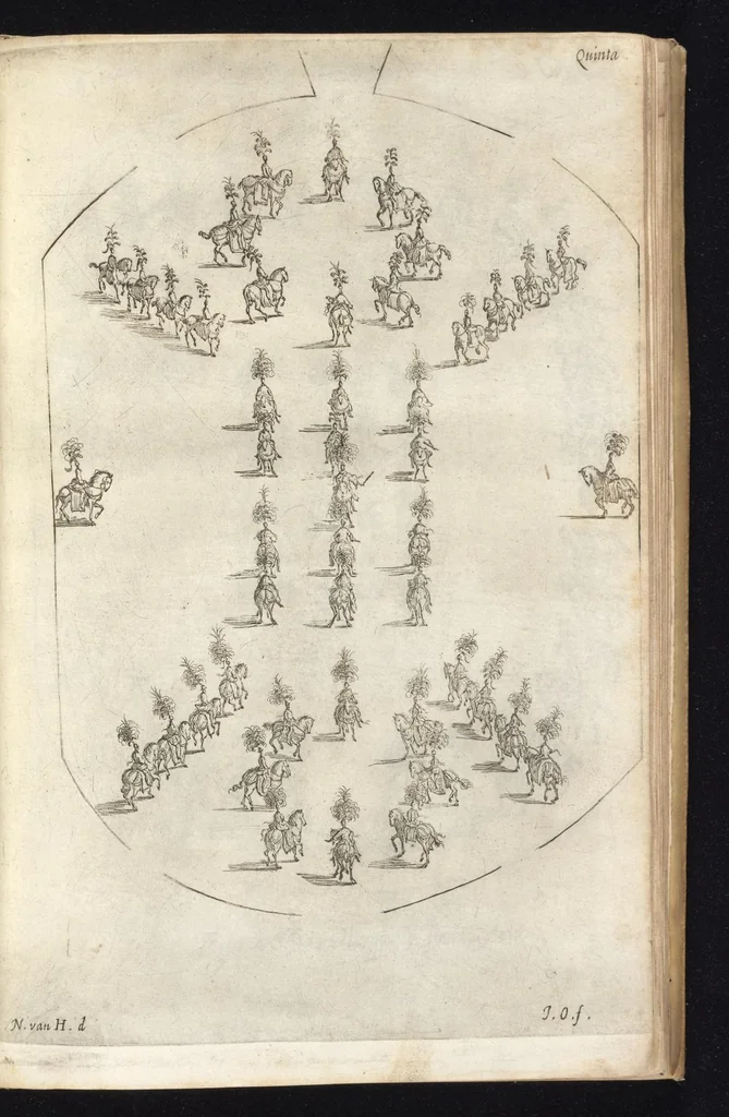 An illustration from Sieg-Streit dess Lufft vnd Wassers : Freuden-Fest zu Pferd zu dem glorwürdigisten Beyläger beeder kayserlichen Majestäten Leopoldi dess Ersten, römischen Kaysers ... vnd Margarita, gebohrner königlichen Infantin auss Hispanien : dargestellet in dero kayserlichen Residenz Statt Wienn, 1667, leaf 86