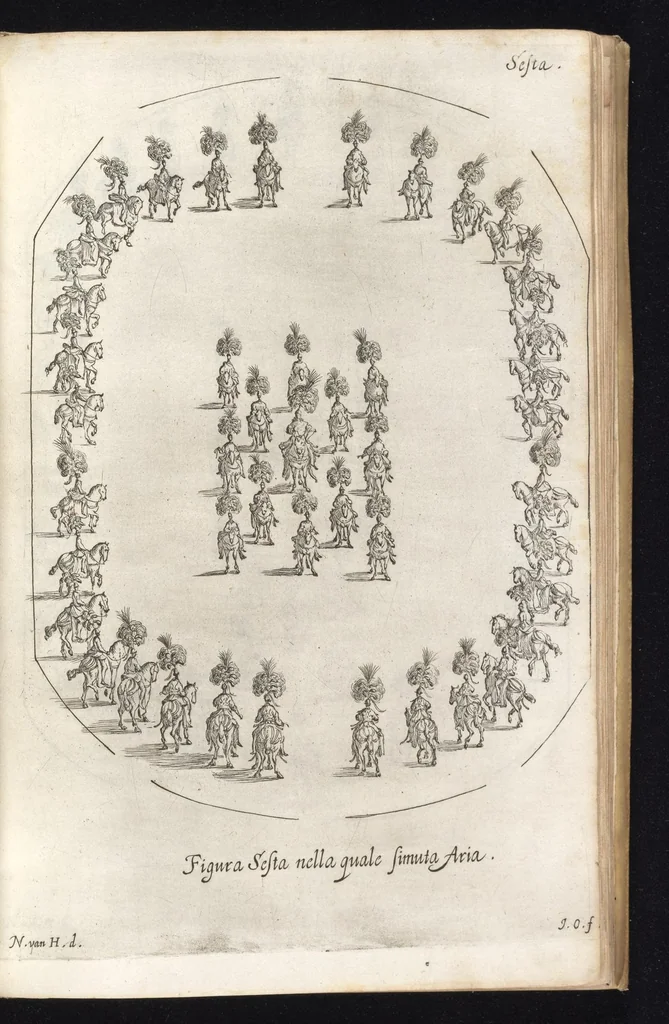 An illustration from Sieg-Streit dess Lufft vnd Wassers : Freuden-Fest zu Pferd zu dem glorwürdigisten Beyläger beeder kayserlichen Majestäten Leopoldi dess Ersten, römischen Kaysers ... vnd Margarita, gebohrner königlichen Infantin auss Hispanien : dargestellet in dero kayserlichen Residenz Statt Wienn, 1667, leaf 88