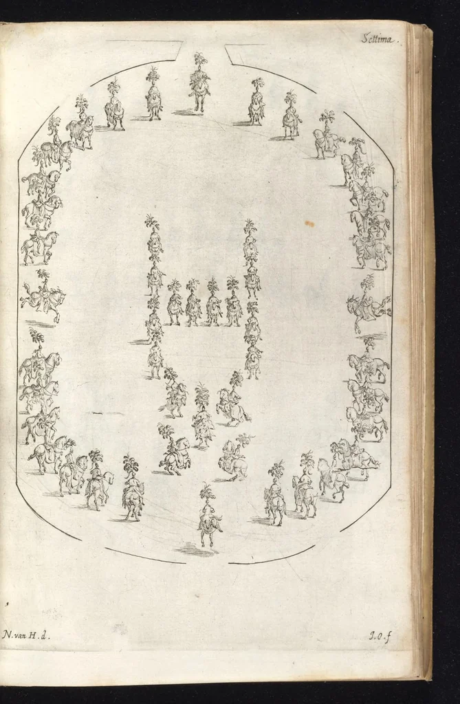 An illustration from Sieg-Streit dess Lufft vnd Wassers : Freuden-Fest zu Pferd zu dem glorwürdigisten Beyläger beeder kayserlichen Majestäten Leopoldi dess Ersten, römischen Kaysers ... vnd Margarita, gebohrner königlichen Infantin auss Hispanien : dargestellet in dero kayserlichen Residenz Statt Wienn, 1667, leaf 90