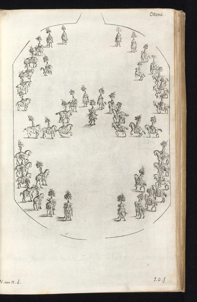 An illustration from Sieg-Streit dess Lufft vnd Wassers : Freuden-Fest zu Pferd zu dem glorwürdigisten Beyläger beeder kayserlichen Majestäten Leopoldi dess Ersten, römischen Kaysers ... vnd Margarita, gebohrner königlichen Infantin auss Hispanien : dargestellet in dero kayserlichen Residenz Statt Wienn, 1667, leaf 92