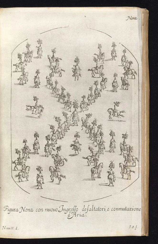 An illustration from Sieg-Streit dess Lufft vnd Wassers : Freuden-Fest zu Pferd zu dem glorwürdigisten Beyläger beeder kayserlichen Majestäten Leopoldi dess Ersten, römischen Kaysers ... vnd Margarita, gebohrner königlichen Infantin auss Hispanien : dargestellet in dero kayserlichen Residenz Statt Wienn, 1667, leaf 94