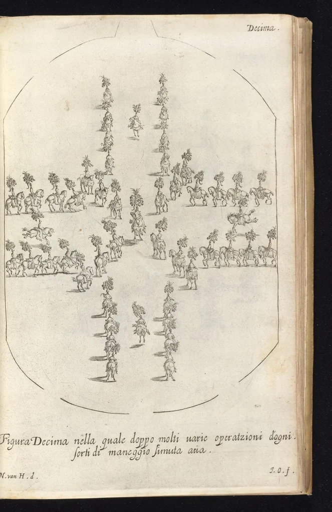 An illustration from Sieg-Streit dess Lufft vnd Wassers : Freuden-Fest zu Pferd zu dem glorwürdigisten Beyläger beeder kayserlichen Majestäten Leopoldi dess Ersten, römischen Kaysers ... vnd Margarita, gebohrner königlichen Infantin auss Hispanien : dargestellet in dero kayserlichen Residenz Statt Wienn, 1667, leaf 96