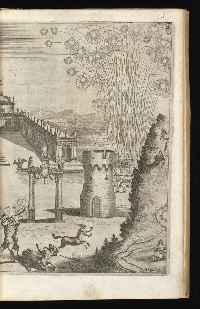 An illustration from Von Himmeln entzindete vnd durch allgemainen Zuruff der Erde sich himmelwerts erschwingende Frolokhungs Flammen : zur Begengnus des hochzeitlichen Beylägers beeder Khaiserlichen Maiestäten, Leopoldi des ersten, Römischen Kaisers auch zu Hungarn vnd Böham Königs, Ertzhertzogen zu Oestereich etc., vnd Margarita geborner Infantin aus Hispanien, 1666, leaf 14