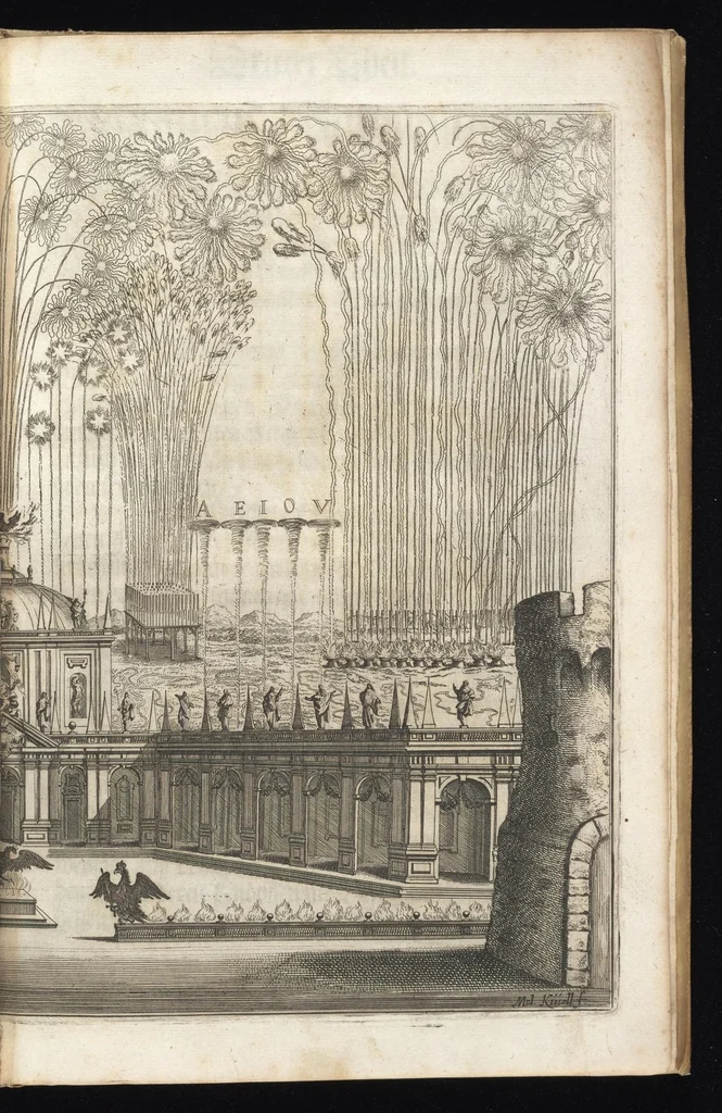 An illustration from Von Himmeln entzindete vnd durch allgemainen Zuruff der Erde sich himmelwerts erschwingende Frolokhungs Flammen : zur Begengnus des hochzeitlichen Beylägers beeder Khaiserlichen Maiestäten, Leopoldi des ersten, Römischen Kaisers auch zu Hungarn vnd Böham Königs, Ertzhertzogen zu Oestereich etc., vnd Margarita geborner Infantin aus Hispanien, 1666, leaf 20