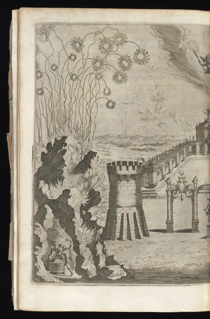An illustration from Von Himmeln entzindete vnd durch allgemainen Zuruff der Erde sich himmelwerts erschwingende Frolokhungs Flammen : zur Begengnus des hochzeitlichen Beylägers beeder Khaiserlichen Maiestäten, Leopoldi des ersten, Römischen Kaisers auch zu Hungarn vnd Böham Königs, Ertzhertzogen zu Oestereich etc., vnd Margarita geborner Infantin aus Hispanien, 1666, leaf 7