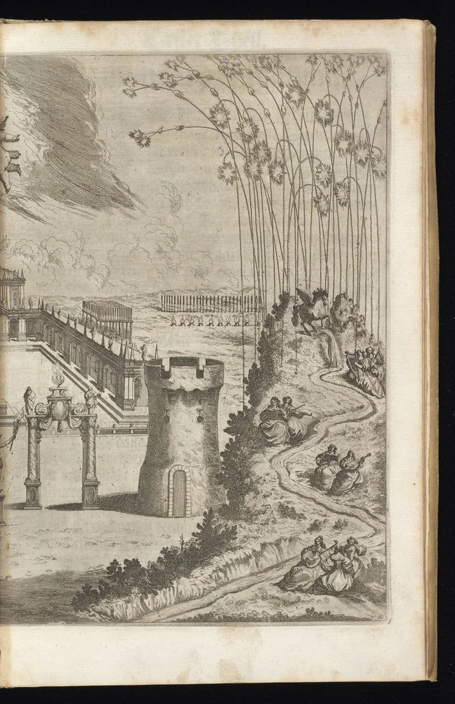 An illustration from Von Himmeln entzindete vnd durch allgemainen Zuruff der Erde sich himmelwerts erschwingende Frolokhungs Flammen : zur Begengnus des hochzeitlichen Beylägers beeder Khaiserlichen Maiestäten, Leopoldi des ersten, Römischen Kaisers auch zu Hungarn vnd Böham Königs, Ertzhertzogen zu Oestereich etc., vnd Margarita geborner Infantin aus Hispanien, 1666, leaf 8