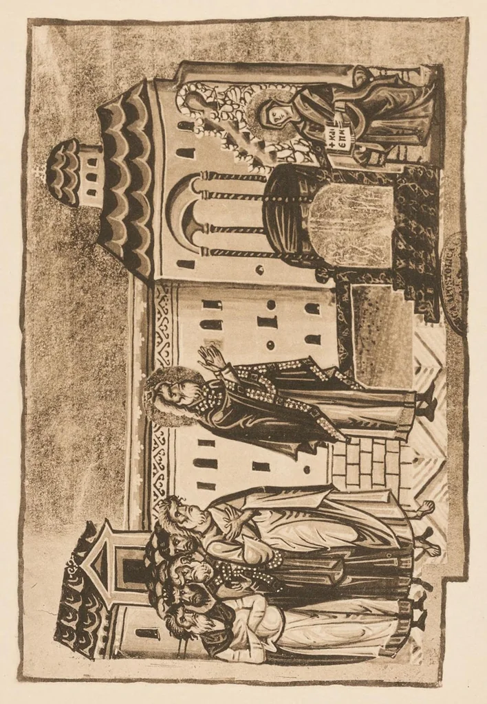 An illustration from Miniature delle omilie di Giacomo monaco (Cod. vatic. gr. 1162) e dell'Evangeliario greco urbinate (Cod. vatic. urbin. gr. 2), 1910, leaf 102