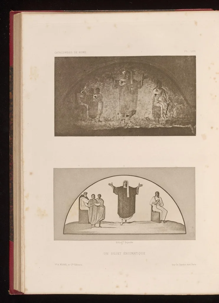 An illustration from Les catacombes de Rome; histoire de l'art et des croyances religieuses pendant les premiers siècles du christianisme, 1881, leaf 201